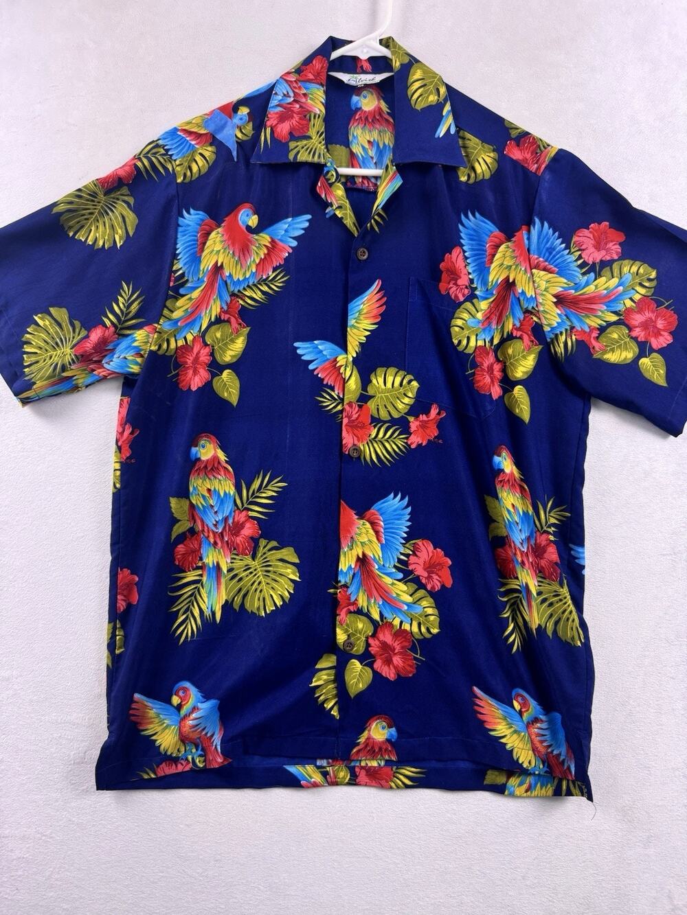 Alvish Men M Hawaiian Shirt Blue Parrot Floral Tropical Aloha Beach Party Rayon